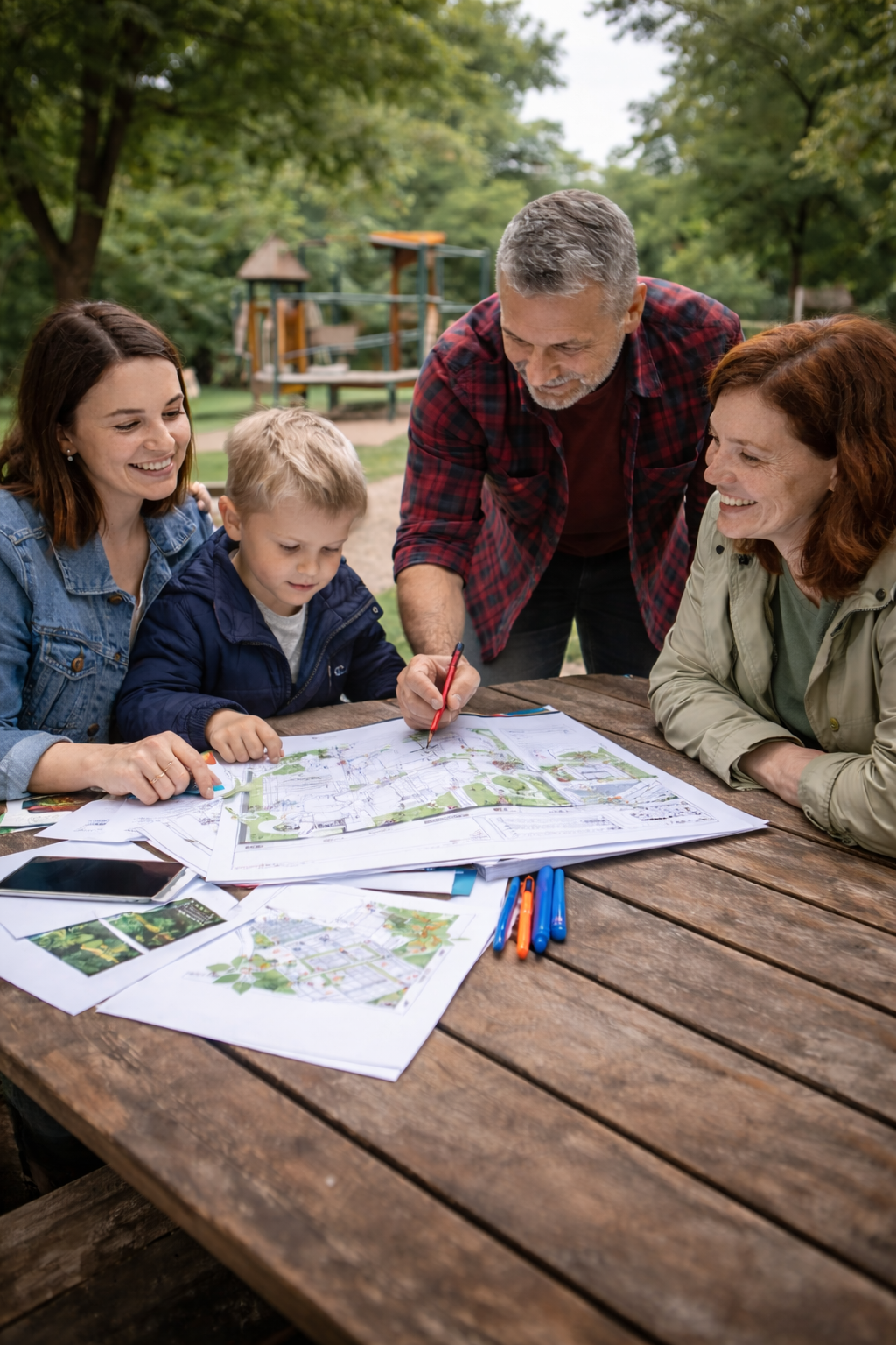 Občané různých generací diskutují nad návrhy projektů u stolu v parku